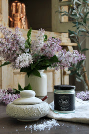 Vintage Inspired French Salt Cellar by Coppermill Kitchen LLC on wooden tabletop, paired with Pantre Fleur de Sel, soft linen, lilac vase, and rustic decor.