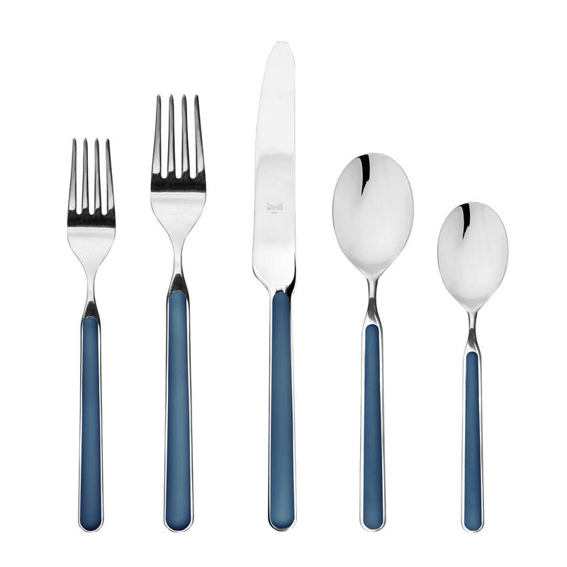 Mepra SPA - Place Set 5 Pcs Fantasia: China features silverware with blue handles, crafted from 18/10 stainless steel and durable nylon-fiberglass resin, ideal for elegant dining.