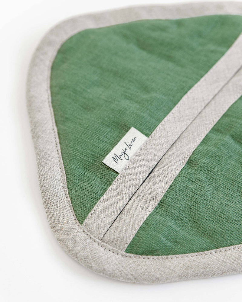 MagicLinen - Linen pot-holder in Forest green with a quilted design and fabric label, showcasing durable, heat-resistant material for stylish kitchen use.