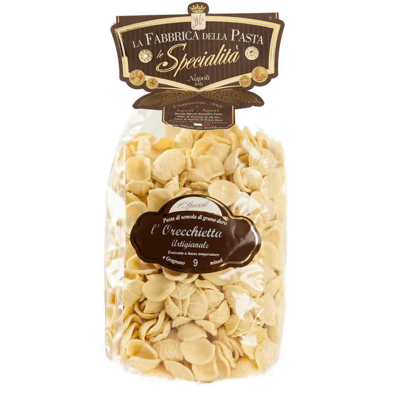Zia Pia - Orecchiette by La Fabbrica della Pasta: Artisanally crafted small ear-shaped semolina pasta from Gragnano, Italy, packaged in a clear 500g retail bag.