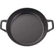 Staub 12-inch Cast Iron Braiser with Glass Lid, ideal for one-pot meals, features a domed glass lid for moisture retention and enameled cast iron for even cooking.