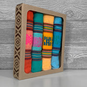 Set of 4 Mexican napkin servilletas in colorful designs, reflecting traditional Mexican textile artistry. Ideal for warming tortillas or enhancing table settings.