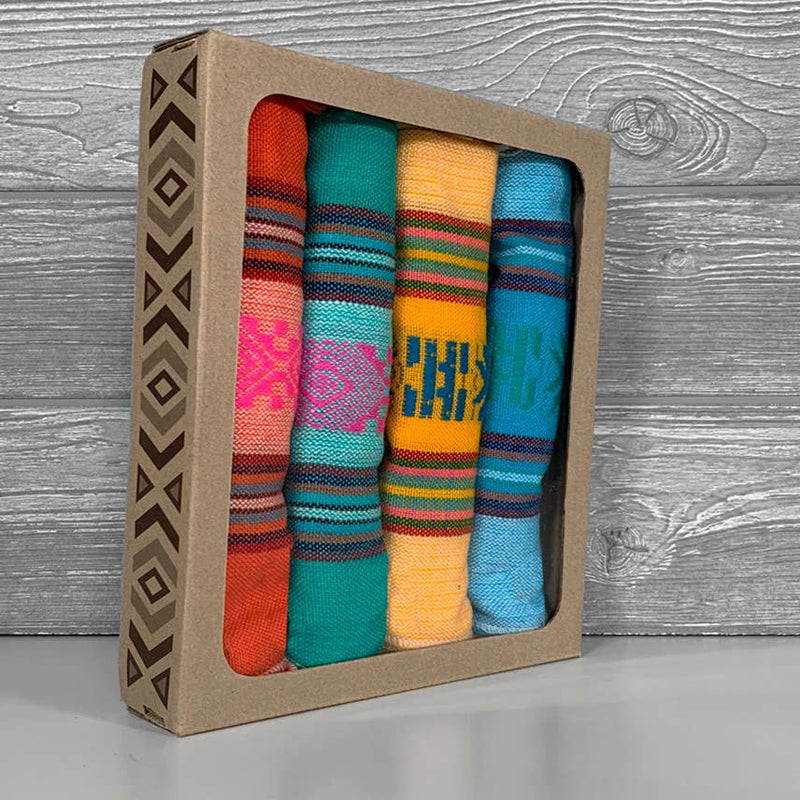 Set of 4 Mexican napkin servilletas in colorful designs, reflecting traditional Mexican textile artistry. Ideal for warming tortillas or enhancing table settings.