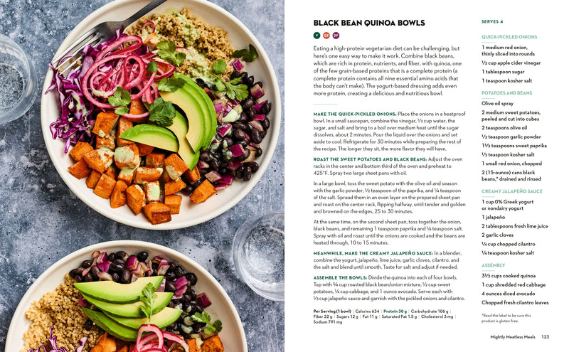 Two-page spread showing Black Bean Quinoa Bowls recipe from Penguin Random House LLC - Skinnytaste High Protein, featuring ingredients and step-by-step assembly instructions.