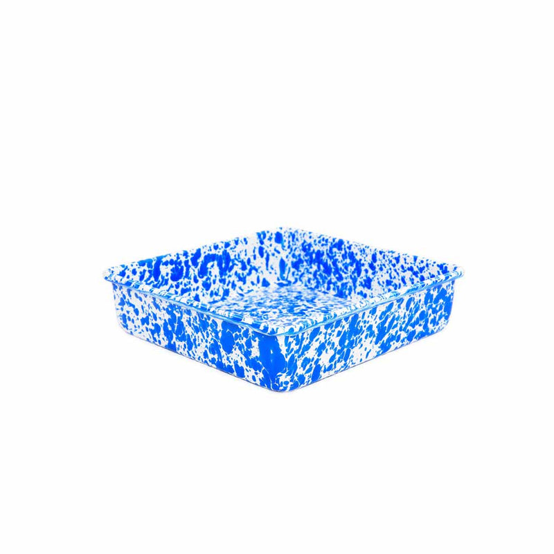 Crow Canyon Home - Crow Canyon Enamelware Splatter Square Brownie Pan: Blue Splatter, a durable 9x9 enamelware pan with sloped sides, ideal for baking and roasting.