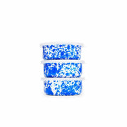 Crow Canyon Home - Splatter Enamelware 3-pc Storage Bowl Set: Blue Splatter, featuring stackable, square-cornered containers with matching lids, ideal for entertaining from Athens Cooks.