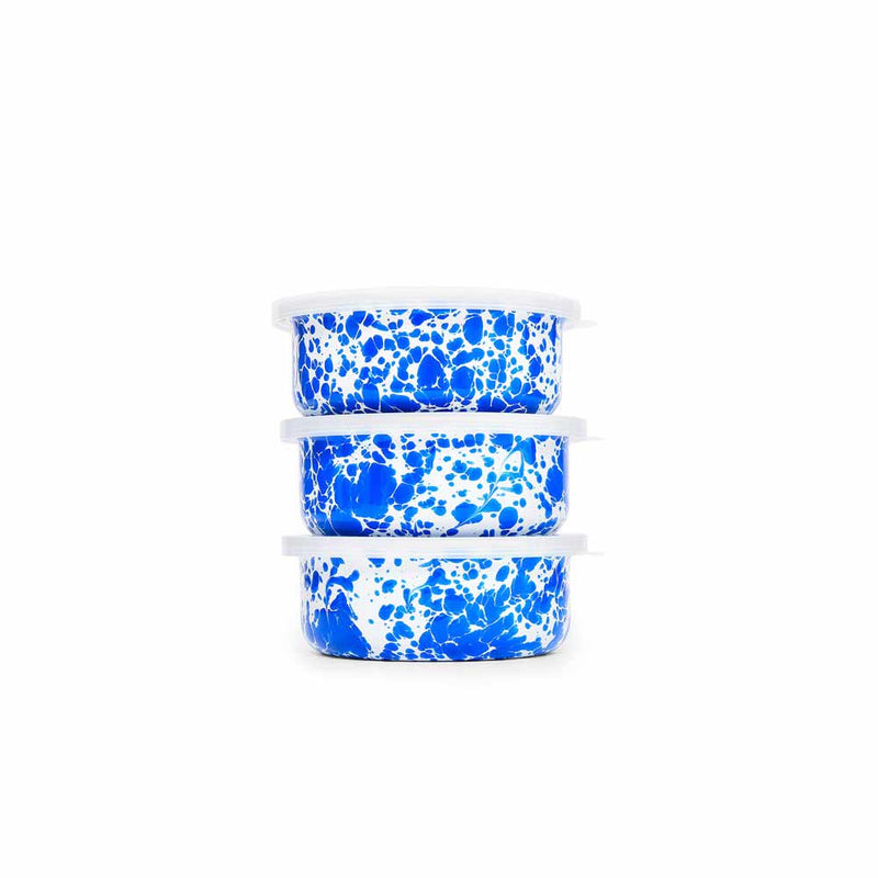 Crow Canyon Home - Splatter Enamelware 3-pc Storage Bowl Set: Blue Splatter, featuring stackable, square-cornered containers with matching lids, ideal for entertaining from Athens Cooks.