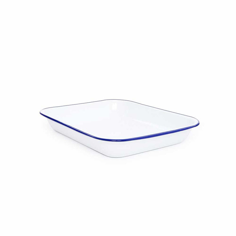 Crow Canyon's Large Open Roaster, a sleek rectangular white enamel baking pan with a blue rim, ideal for versatile kitchen use at Athens Cooks.