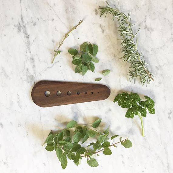 Collin Garrity - Herb Stripper: Maple, surrounded by fresh herb sprigs on a marble surface, designed for quick leaf removal. Handmade in St. Louis, USA.