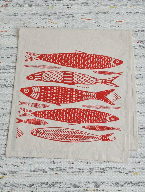Hearth and Harrow - Sardines Tea Towel in Red - Organic Cotton - Fish Print.