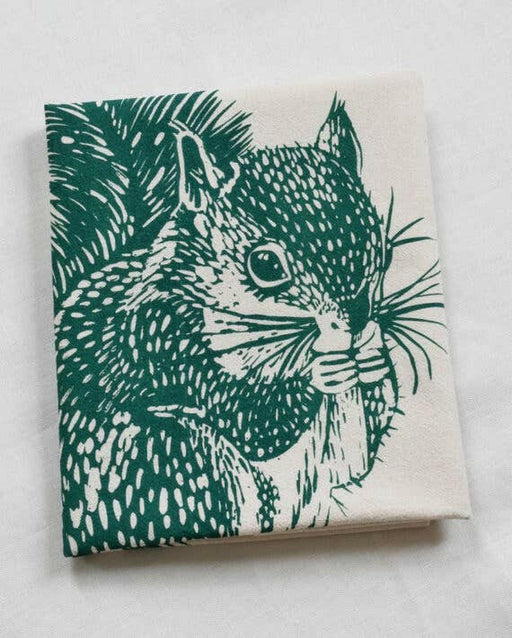 Hearth and Harrow - Organic Cotton Squirrel Tea Towel in Green -Woodland Animal.