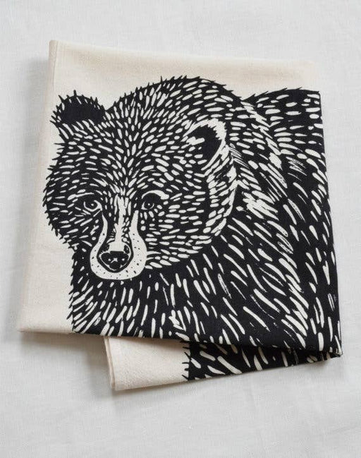 Hearth and Harrow - Organic Cotton Bear Tea Towel features a bold black woodcut-style bear design, hand-printed with eco-friendly ink on premium kitchen linen.