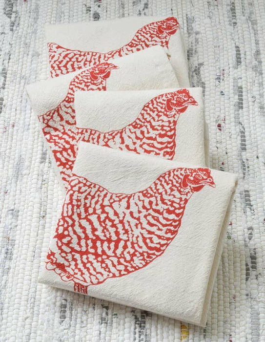 Hearth and Harrow - Set of 4 Organic Cotton Chicken Napkins - Red - Hen Print.