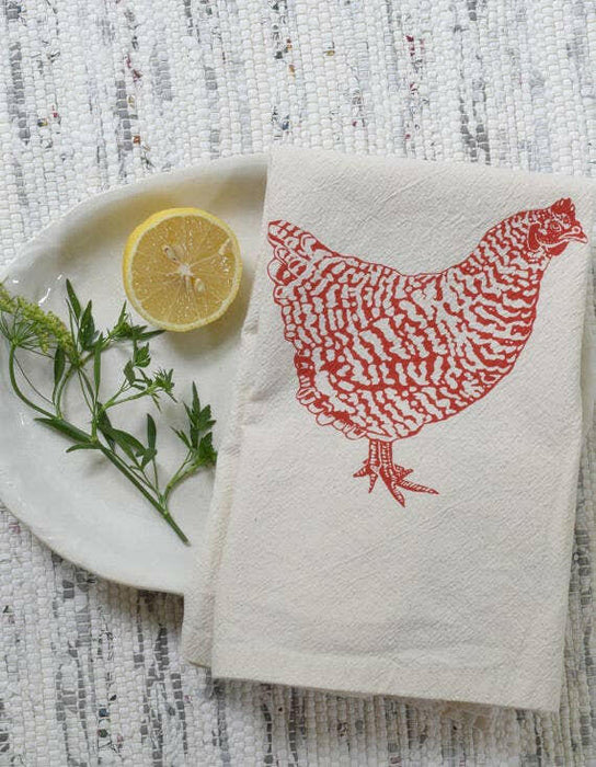 Hearth and Harrow - Set of 4 Organic Cotton Chicken Napkins - Red - Hen Print.