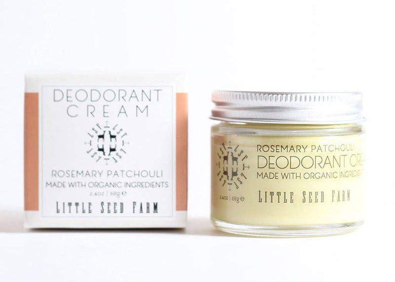Little Seed Farm - Rosemary Patchouli Deodorant Cream, 2.4 oz glass jar, organic, baking soda-free, with outer box. Suitable for all-day freshness.