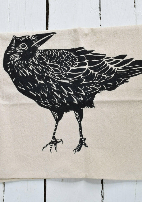 Hearth and Harrow - Organic Cotton Crow Tea Towel - Black - Raven Print - Bird.