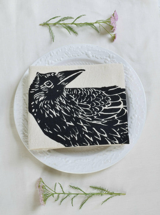 Hearth and Harrow - Organic Cotton Crow Tea Towel - Black - Raven Print - Bird.