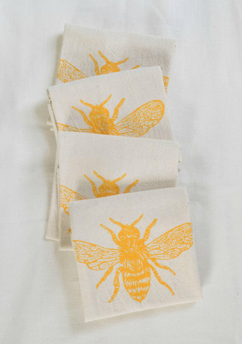 Hearth and Harrow - Set of 4 Organic Cotton Honeybee Napkins - Yellow - Bees.