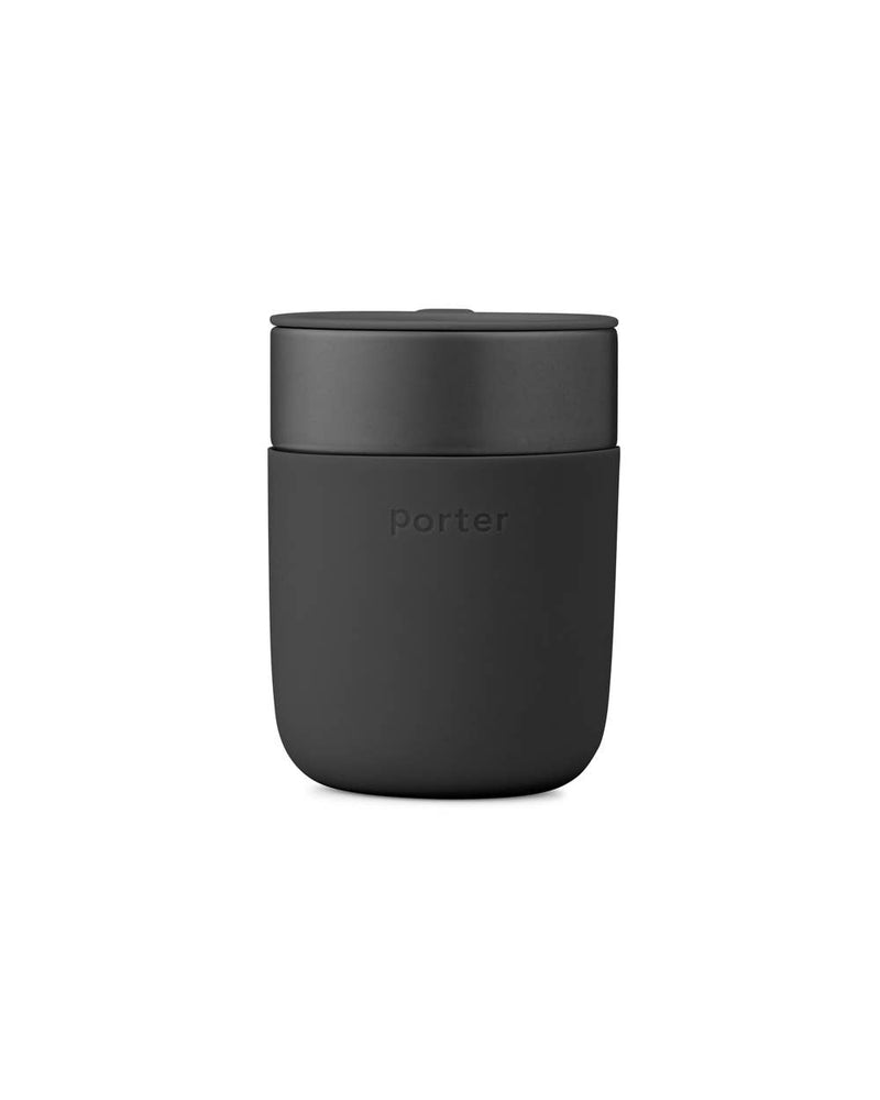 W&P Reusable Ceramic Mug: Terrazzo Charcoal, 16 oz, with a splash-resistant lid shown in a sleek design, ideal for eco-friendly coffee or tea lovers.