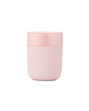 W&P - Reusable Ceramic Mug: Terrazzo Charcoal / 16 oz with splash-resistant pink lid and soft-touch silicone sleeve, perfect for eco-friendly, portable beverage enjoyment.