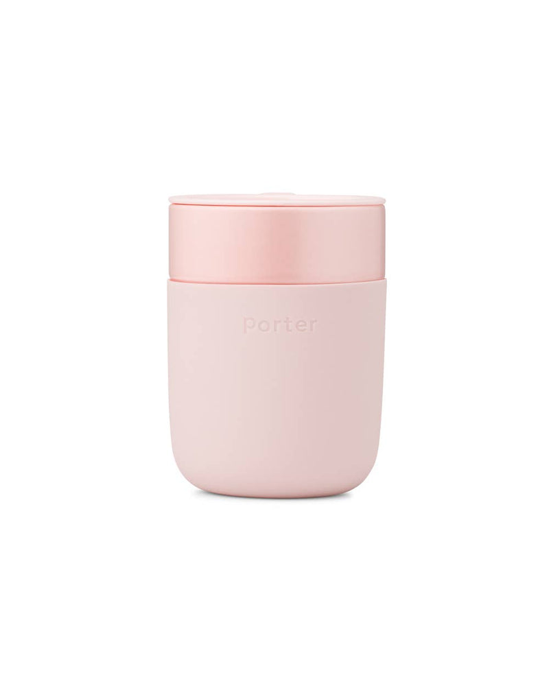 W&P - Reusable Ceramic Mug: Terrazzo Charcoal / 16 oz with splash-resistant pink lid and soft-touch silicone sleeve, perfect for eco-friendly, portable beverage enjoyment.