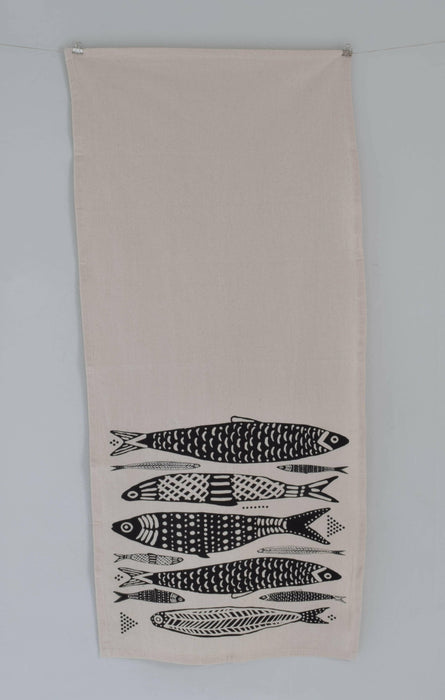 Hearth and Harrow - Sardines Tea Towel in Black - Organic Cotton - Fish Print.