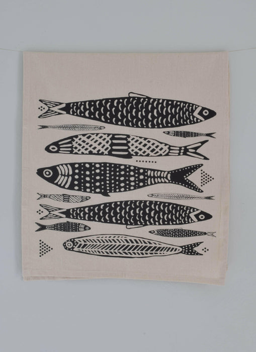 Hearth and Harrow - Sardines Tea Towel in Black - Organic Cotton - Fish Print.