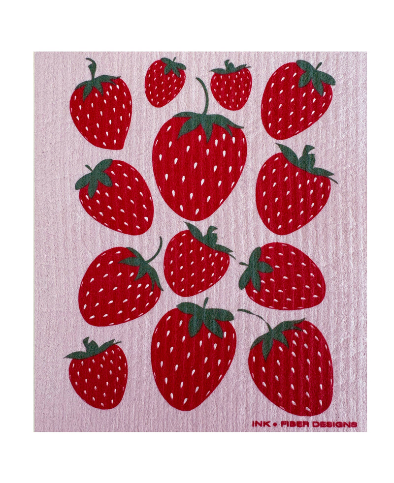 Ink and Fiber Designs - Strawberry Swedish Dishcloth featuring vibrant strawberry patterns, ideal for eco-friendly cleaning, absorbent and reusable for kitchen use.