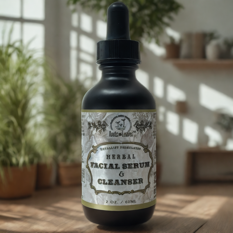 Roots & Leaves™ Herbal Facial Serum & Cleanser in a 2 oz dark glass dropper bottle with vintage label, set against a botanical-inspired background.