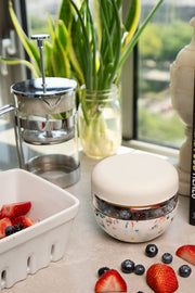 W&P - Glass Seal Tight To-Go & Storage Bowl: Cream / 16 oz, featuring a glass jar with strawberries and blueberries, ideal for meal prepping and storage.