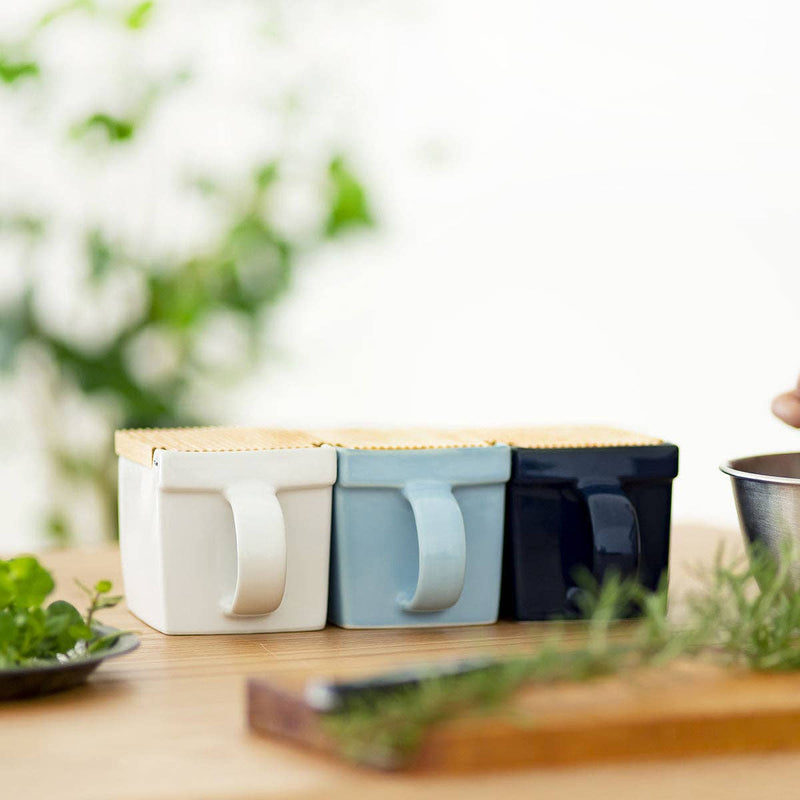 Zero Japan | Bee House Ceramic Salt Box With Wooden Lid & Dehumidifying Measuring Spoon, Ocean Blue