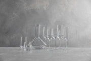 Zwiesel Fortessa | Pure Bordeaux Glass, 23oz, among clear glassware, including tumblers, decanter, wine glasses, and a champagne flute, showcasing minimalist elegance, perfect for sophisticated dining.
