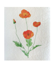 Ink and Fiber Designs - California Orange Poppy Swedish Dishcloth featuring a floral illustration, ideal for eco-friendly kitchen cleaning and absorbent spills management.