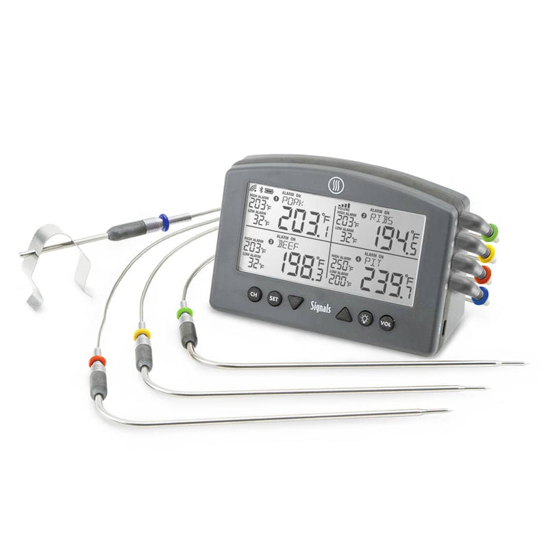 ThermoWorks Signals BBQ Alarm Thermometer with WiFi & Bluetooth displays four temperature channels, featuring stainless-steel probes for precise meat and grill monitoring.
