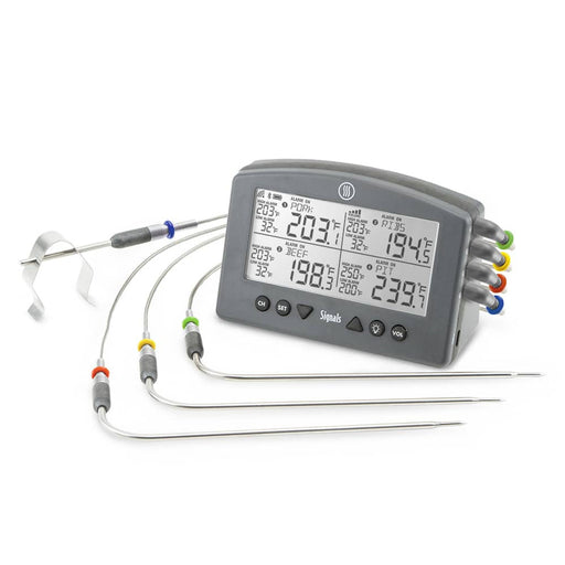 ThermoWorks Signals BBQ Alarm Thermometer with WiFi & Bluetooth displays four temperature channels, featuring stainless-steel probes for precise meat and grill monitoring.