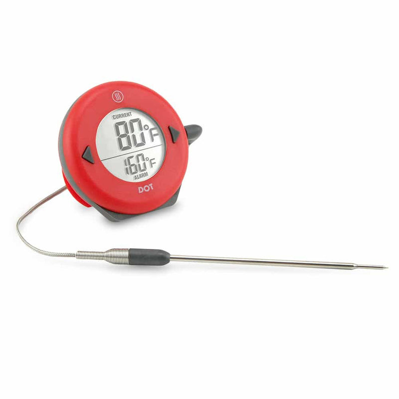 ThermoWorks | DOT Simple Alarm Thermometer - Red with a 4.5-inch probe, designed for precise cooking temperature tracking, featuring easy-to-use buttons and a durable commercial-grade body.