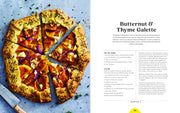 Two-page spread from Love & Lemons Simple Feel GD cookbook featuring a savory Butternut & Thyme Galette recipe with ingredients and instructions.