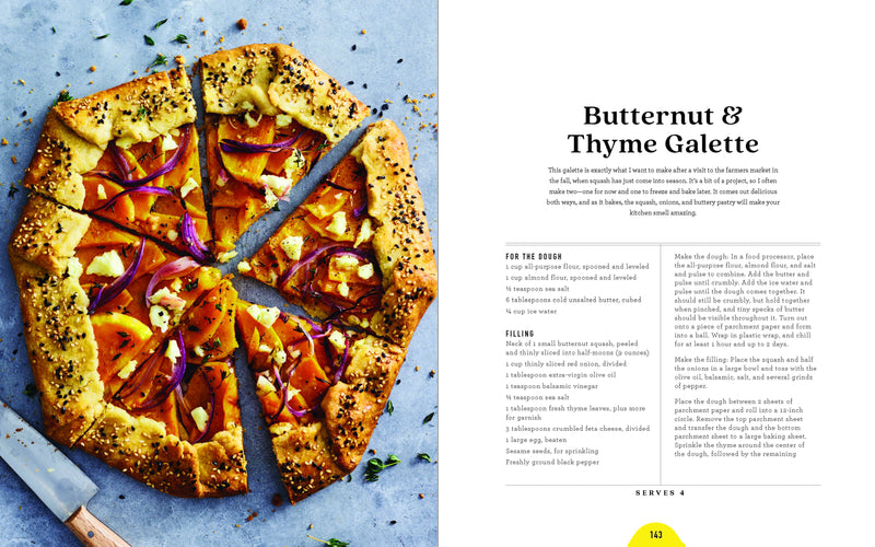 Two-page spread from Love & Lemons Simple Feel GD cookbook featuring a savory Butternut & Thyme Galette recipe with ingredients and instructions.