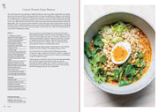 Tenderheart cookbook spread featuring Carrot Peanut Satay Ramen recipe and image, showcasing vibrant ramen with noodles, greens, peanuts, and egg in a rich, flavorful broth.