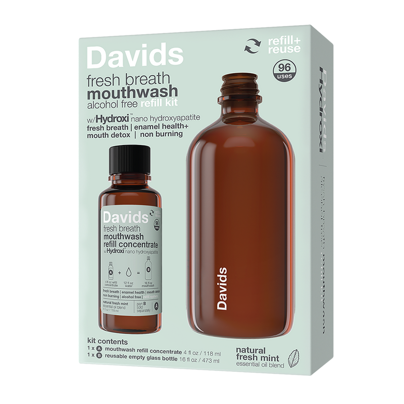 Davids Hydroxi™ Fresh Breath Mouthwash: Sustainable refill kit with mint blend, enamel care, and 96-use glass bottles, ideal for kitchen-focused Athens Cooks shoppers.