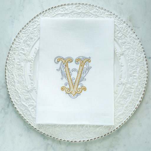 Crown Linen Designs | Vintage Vine Monogram Tri-Fold Napkin.