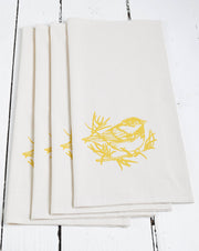 Hearth and Harrow - Set of 4 Organic Cotton Chickadee Cloth Napkins in Yellow, featuring a hand-printed mustard yellow bird design, perfect for eco-friendly dining.