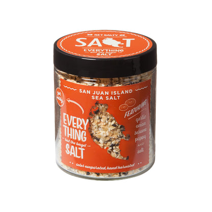 San Juan Island Sea Salt's Everything But the Bagel Salt jar, perfect for enhancing culinary creations, showcased by Athens Cooks, a specialty kitchen store.