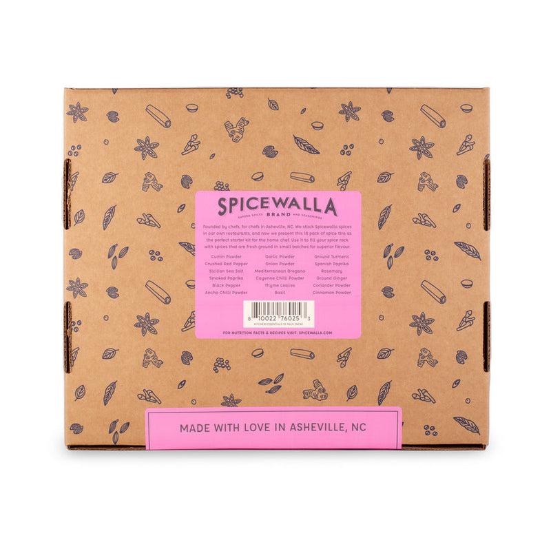 Spicewalla Kitchen Essentials Collection Gift Set, an 18-piece spice tin starter set in a doodled box, perfect for enhancing any kitchen's flavor arsenal.