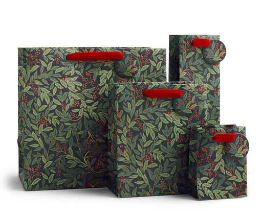 Rifle Paper Co. - Willowberry Gift Bag: Wine, features a dark botanical motif with gold foil accents and red velvet ribbon handles, ideal for elegant gift presentation.