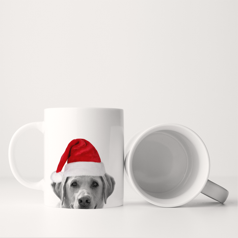 Santa Hat Lab 8 Mug from Perkie Prints, featuring a Yellow Lab in a Santa hat, perfect for festive mornings. Durable, microwave and dishwasher-safe ceramic.