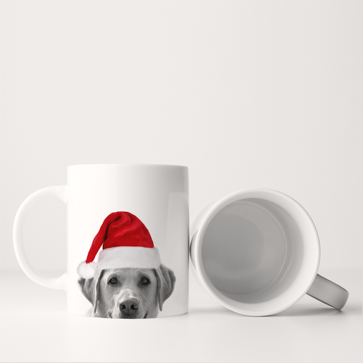 Santa Hat Lab 8 Mug from Perkie Prints, featuring a Yellow Lab in a Santa hat, perfect for festive mornings. Durable, microwave and dishwasher-safe ceramic.