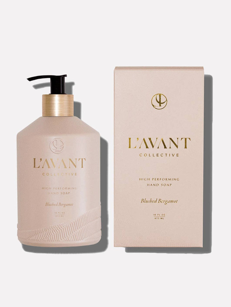L'AVANT Collective - High Performing Hand Soap - Blushed Bergamot, featuring a blush pink bottle and pump, captured with its elegant packaging.