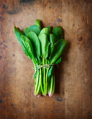 Bentley Seed Co. - Spinach-Bloomsdale Savory 1820: Fresh bunch of heirloom spinach leaves with stems tied with twine on a rustic wood surface, ideal for kitchen use.