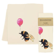 Eric & Christopher - Bee with Balloon Tea Towel featuring a watercolor bumblebee holding a pink balloon, made from 100% pre-shrunk cotton, perfect for kitchen decor.